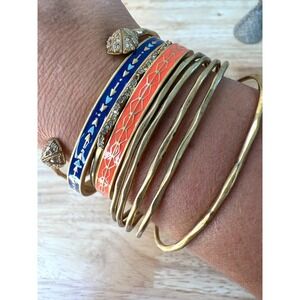 Stella & Dot Gold Bangle Bracelet Stack With Blue Coral Enamel